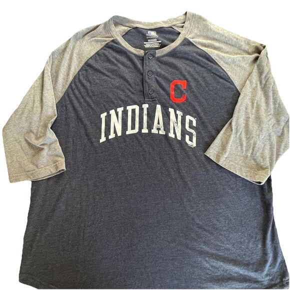 Cleveland Indians Shirt Mens Grey 2XL Raglan Distressed Henley MLB Baseball XXL - Picture 1 of 10